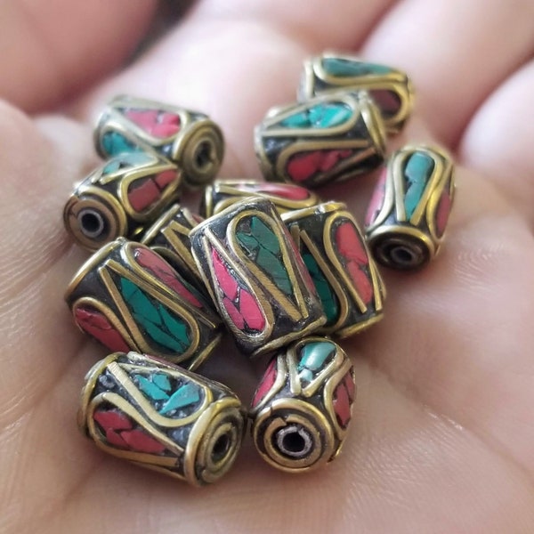 11mm Coral Turquoise Brass Nepal Beads Indonesian Pendant Bead DIY Jewelry Making Bead Textured Boho Ethnic Beads Barrel Findings Gypsy