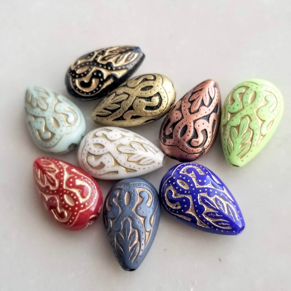 10pcs Gold Etched Teardrop Acrylic Beads Drop Carved DIY Jewelry Making Bead Textured Copper Black Turquoise Brass Blue Gray Green Red Blue