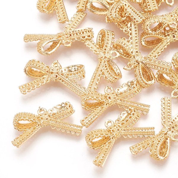 2pcs 12mm Gold Bow Knot Lace 18K Gold Plated Brass Pendant Charm Necklace Tie Knot Connectors Pendants Charms DIY Jewelry Findings Making