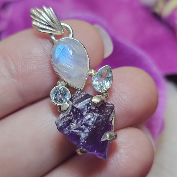 Amethyst Rough, Blue Topaz & Rainbow Moonstone 925 Sterling Silver Pendant