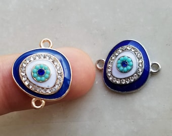2pcs Blue Evil Eye Connector Link CZ Bracelets Pendant Silver Micro Pave Cubic Zirconia Charms DIY Bracelet Jewelry Findings Jewelry Making