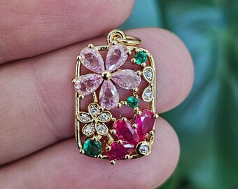 Flower Pendant, Pink Micro Pave CZ, Brass, Real 16K Gold Plated, Nickel Free, with Jump Ring, 21.5x14mm, Jewelry Charm, 1pc