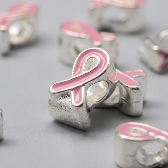 BULK Pink Ribbon Breast Cancer Awareness Beads - 5mm Large Hole European Charms - Survivor Fundraiser Jewelry Supplies - Lead & Nickel Safe