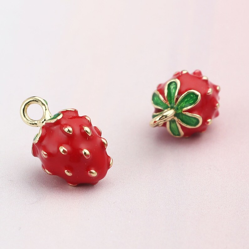 Red Strawberry Enamel Charm, Zinc Alloy Pendant (16mm) image 2