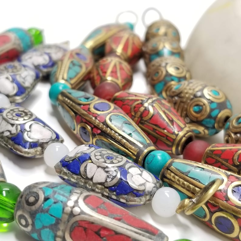 10mm Coral Turquoise Brass Nepal Beads Indonesian Pendant Bead DIY Jewelry Making Bead Textured Boho Ethnic Beads Barrel Findings Gypsy