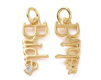 Bride Pendant Micro Pave CZ Brass | Real 18K Gold Plated or Platinum Finish Word Charm with Jump Ring | Wedding Jewelry | 1 pc USA