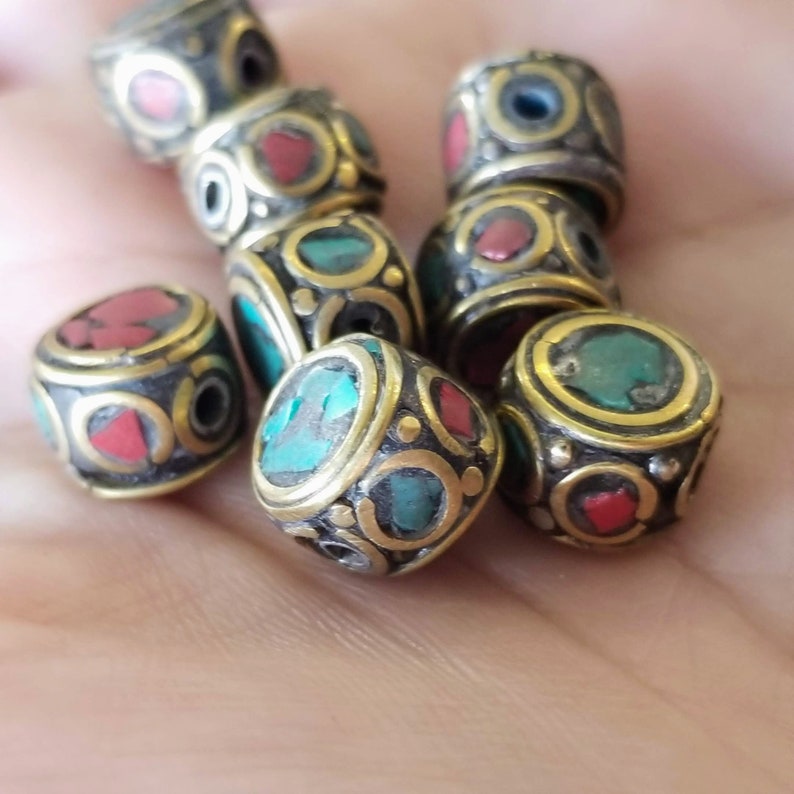 10mm Coral Turquoise Brass Nepal Beads Indonesian Pendant Bead DIY Jewelry Making Bead Textured Boho Ethnic Beads Barrel Findings Gypsy