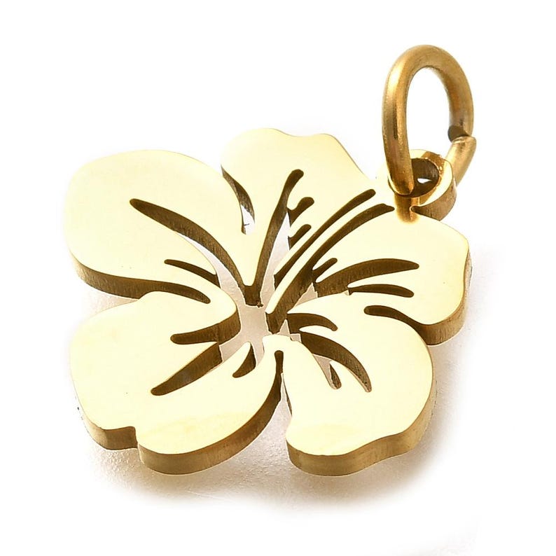 Puede incluir: Un colgante de metal dorado con forma de flor con un lazo para sujetarlo a una cadena. El colgante tiene forma de flor de hibisco con dise&ntilde;os recortados detallados. La flor tiene cinco p&eacute;talos y una abertura central.