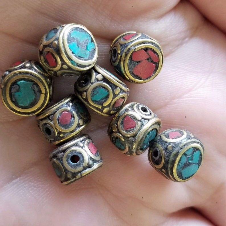 10mm Coral Turquoise Brass Nepal Beads Indonesian Pendant Bead DIY Jewelry Making Bead Textured Boho Ethnic Beads Barrel Findings Gypsy
