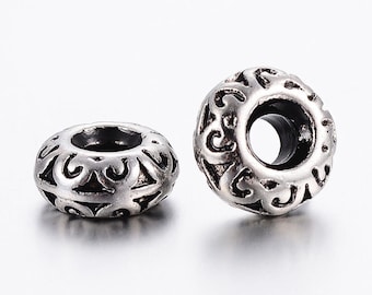 1–5 st. Rondelle-distanspärlor i rostfritt stål | 304 stål, antik silver, 10 x 4 mm stora hålpärlor, kraftig distans för armband och smycken