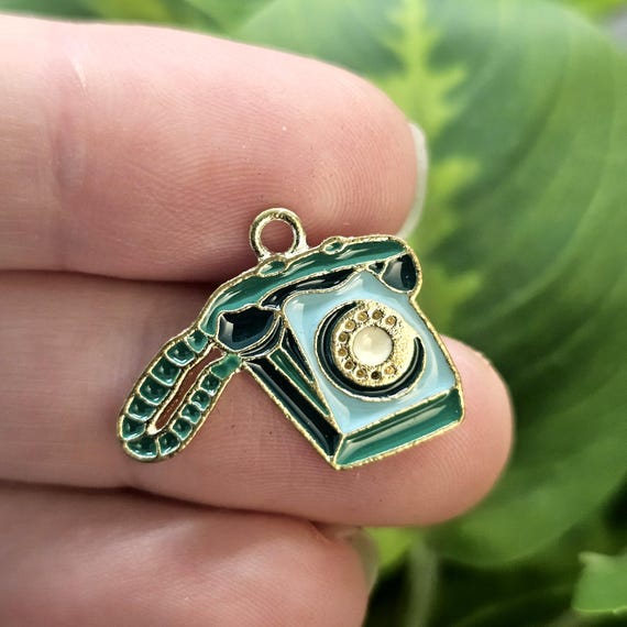 Retro Rotary Telephone Charm Pendant, Green Enamel DIY Jewelry Findings