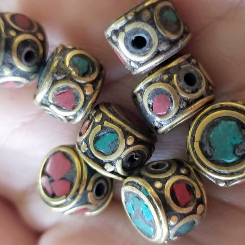 10mm Coral Turquoise Brass Nepal Beads Indonesian Pendant Bead DIY Jewelry Making Bead Textured Boho Ethnic Beads Barrel Findings Gypsy