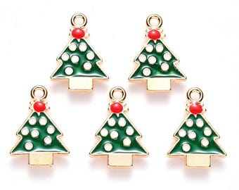 1–10pcs Christmas Tree Charms | Enamel Holiday Pendants, Light Gold Green Xmas Charms 20x14.5mm | DIY Christmas Jewelry Supplies
