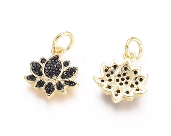 2pcs 12mm Black Lotus Flower Gold Charm CZ Gold Plated Brass Micro Pave Earrings Charms DIY Bracelet Jewelry Findings Jewelry Making