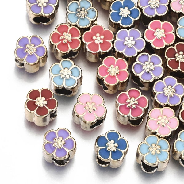 5pcs 10mm Enamel Flower Multicolor Charm Large Hole Euro Charms Antique Silver Plated Charms DIY Bracelet Jewelry Findings
