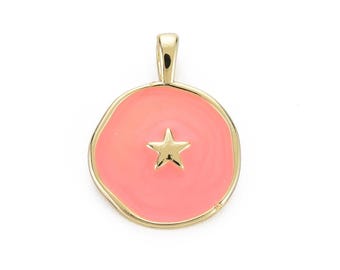 16K Gold Plated Star Charm | Enamel Flat Round Pendant | Ships from USA | 1 Piece