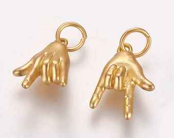 Rock and Roll Hand Gesture Gold Charm Pendant, 14mm Brass Finding