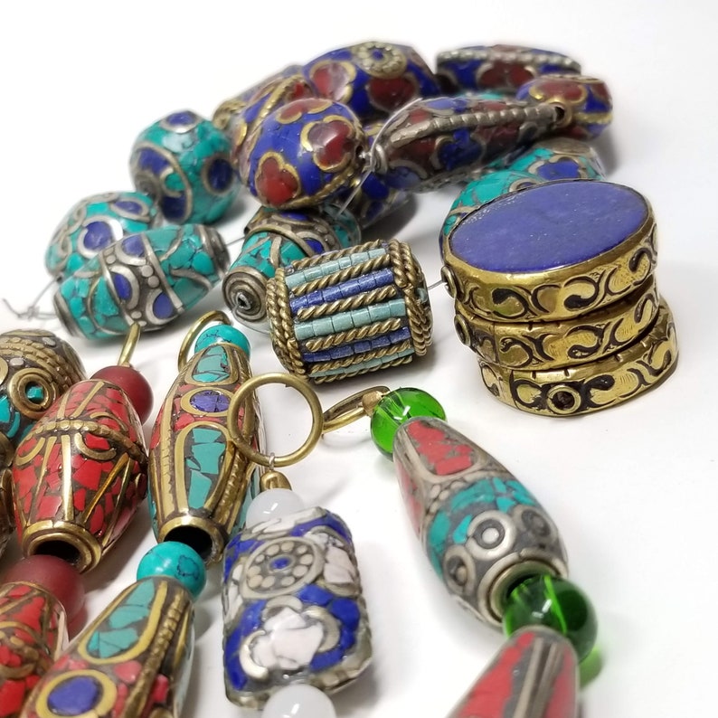 10mm Coral Turquoise Brass Nepal Beads Indonesian Pendant Bead DIY Jewelry Making Bead Textured Boho Ethnic Beads Barrel Findings Gypsy