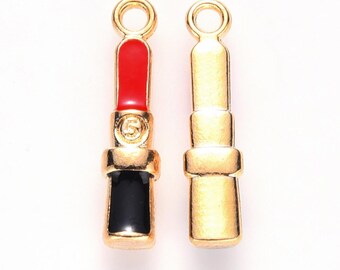 1–20pcs Lipstick Charms | Gold & Red Enamel Pendants, Makeup Jewelry Supplies, Beauty Theme Charms, Fashion Alloy Pendants, 19x4mm