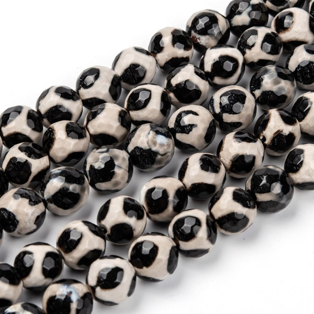 Colorful Faceted Fire Agate Beads – Round Tibetan Dzi Style, Handmade Gemstone Beads For Jewelry Making