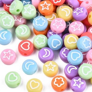 2–10pcs Mixed Color Beads with White Hearts, Flowers, Moons & Stars | Opaque Acrylic Beads 7mm | Cute Kawaii Beads for DIY Jewelry Crafts