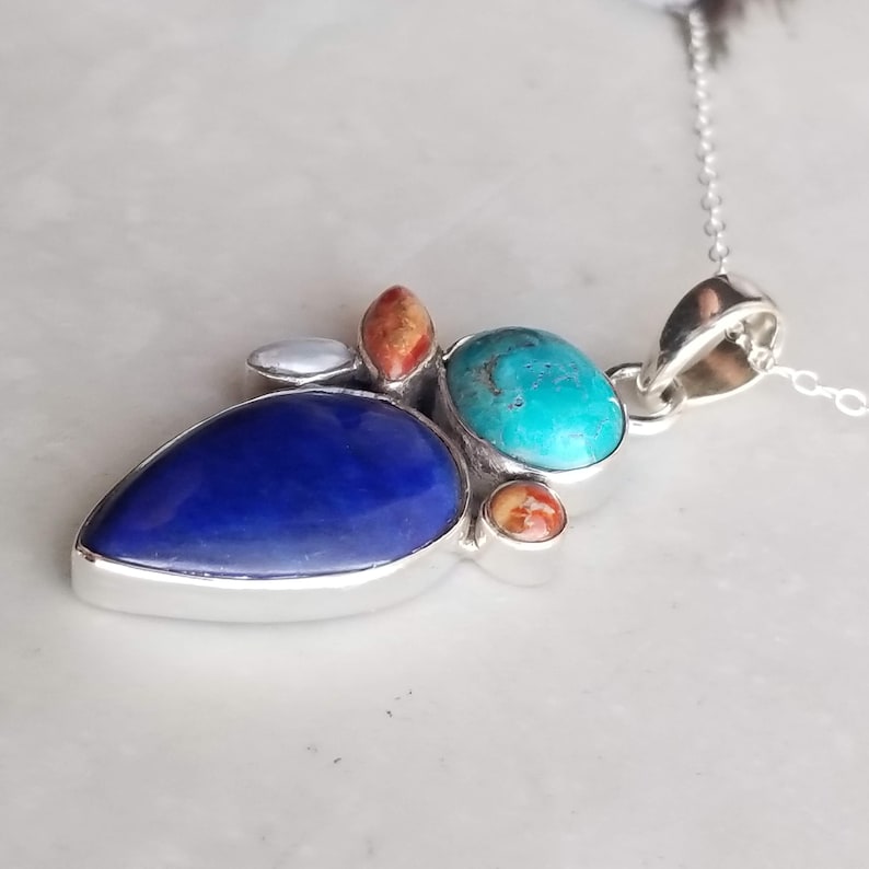 Sleeping Beauty Turquoise Pearl /& Lapis 925 Silver Pendant Jewelry Blue Woman Gift Daughter Wife Mom Pendant Mothers Day Gift
