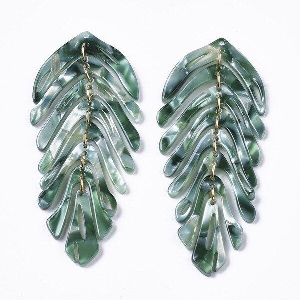 2pcs 70mm Green Leaf Tortoise Shell Pendant Bead Ornate DIY Jewelry Making Bead Textured USA Shipping Floral Beads Flower Beads Jewelry