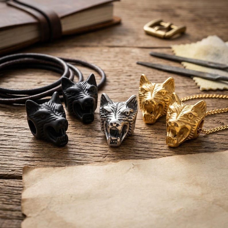 May include: A collection of wolf head beads and pendants in black, silver, and gold tones. The set includes two matte black wolf head beads, one polished silver wolf head bead, and two gold-toned wolf head pendants, one of which is attached to a chain.