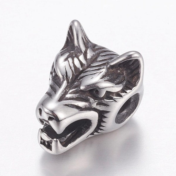 1pc Wolf Head Stainless Steel 15mm Wolf Head Beads Silver Tone Animal Beads Fit Leather Bracelet Hole Small Hole Charms Jewelry Making