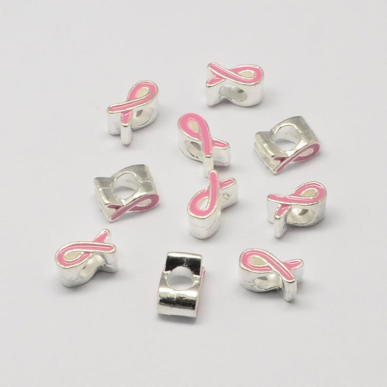 BULK Pink Ribbon Breast Cancer Awareness Beads - 5mm Large Hole European Charms - Survivor Fundraiser Jewelry Supplies - Lead & Nickel Safe image 2