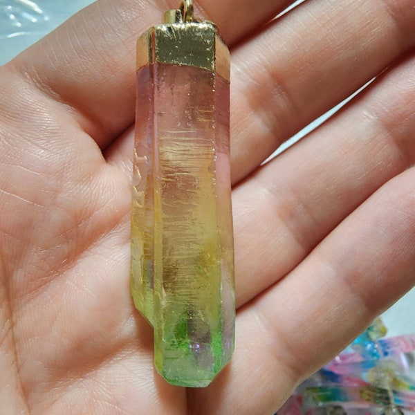 Natural Quartz Crystal Golden Rainbow Pendant Jewelry Electroplate Colorful Pendant Women Woman Gift Daughter Wife Mom Gypsy Findings Brass