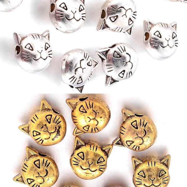 5pcs 8mm Cat Head Kitty Pussy Cat Bead Beads Silver Tone Nature Bracelet Necklace Small Hole Charms Jewelry Making