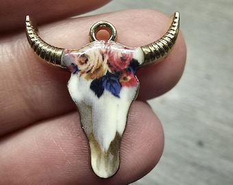 2-10 Longhorn Bull Head with Rose Accent Charm – Western Cow Skull Pendant, Boho Southwestern Jewelry Supply, 22mm Alloy Pendant Crafting