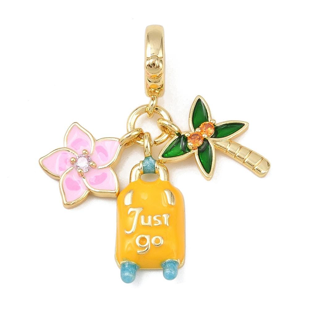 Summer Dangle Charm CZ Luggage & Palm Tree | Real 18K Gold Plated