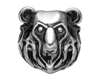 Stainless Steel Bear Head Bead, Silver Tone Animal Charm (13mm)