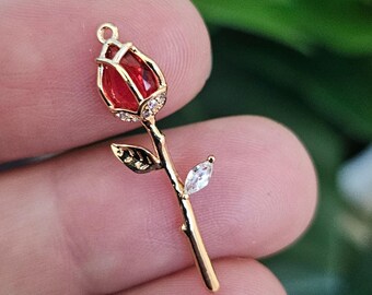 1 pc 18K Gold Plated Rose Flower Charms | Micro Pave Cubic Zirconia Pendant | DIY Jewelry Making | Ships from USA
