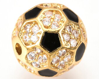 1pc 9mm Soccer Ball Brass Micro Pave Cubic Zirconia Beads with Enamel Golden World Cup Jewelry Making Sports Football Fan Watch Party Crafts