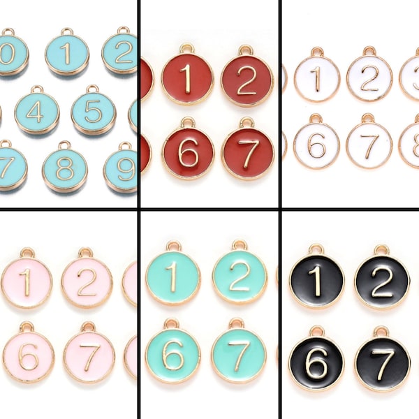 10Pcs 14mm Gold Enamel Round 0 to 9 Number Charms Tag Womens White Black Pink Blue For DIY Bracelet Findings Jewelry Making Beads Finding