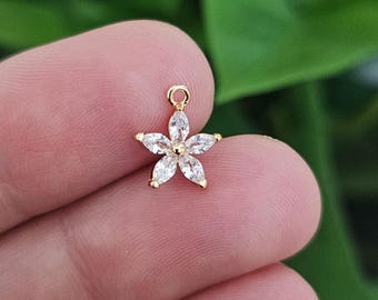1–5pcs 18K Gold CZ Flower Charms | Dainty Brass Pendants, 11x9mm Real Gold Plated Floral Charms, Sparkly Jewelry Making Supplies