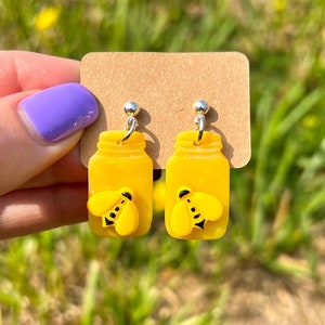 Honey Jar and Bee Dangling , Yellow Black Stainless Steel, Nickel Free, Polymer Clay Earrings, Jewelry
