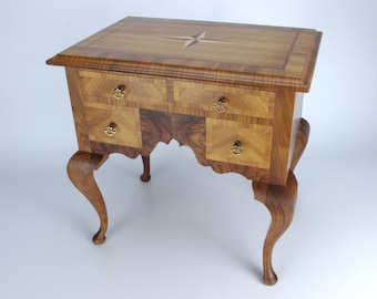 100% DONATION FOR UKRAINE! Walnut Queen Anne-style lowboy/jewellery/watch box with marquetry star in holly and fumed oak