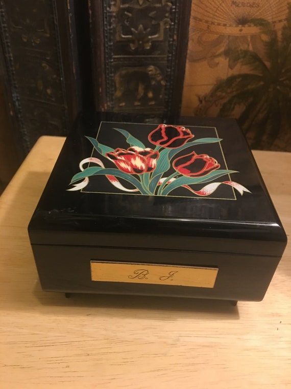 Otagiri Black Lacquer Jewelry and Music Box with Hand… Gem