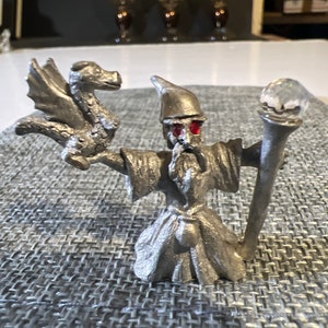 Spoontiques Pewter Small Wizard Red Eyes and Crystal Ball and Baby Dragon 1984 CMR947 1-5/8”T