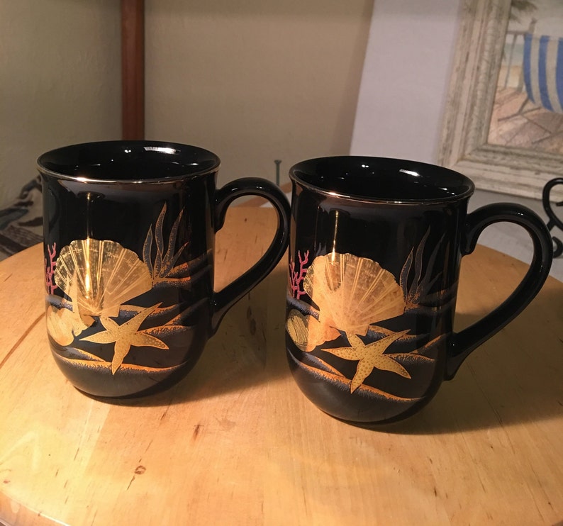 Six Otagiri Coffee Mugs Ocean Themed Black With Gold Japan Etsy