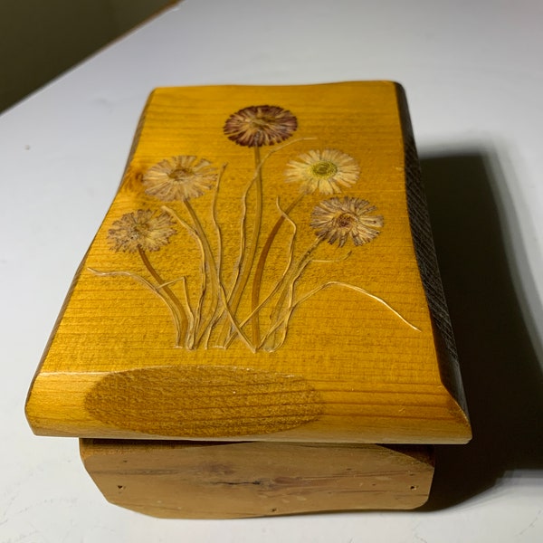 Hand Crafted Wooden Swivel Top Box with Pressed Flower Art  5-1/2”L x 4”D x 3”T