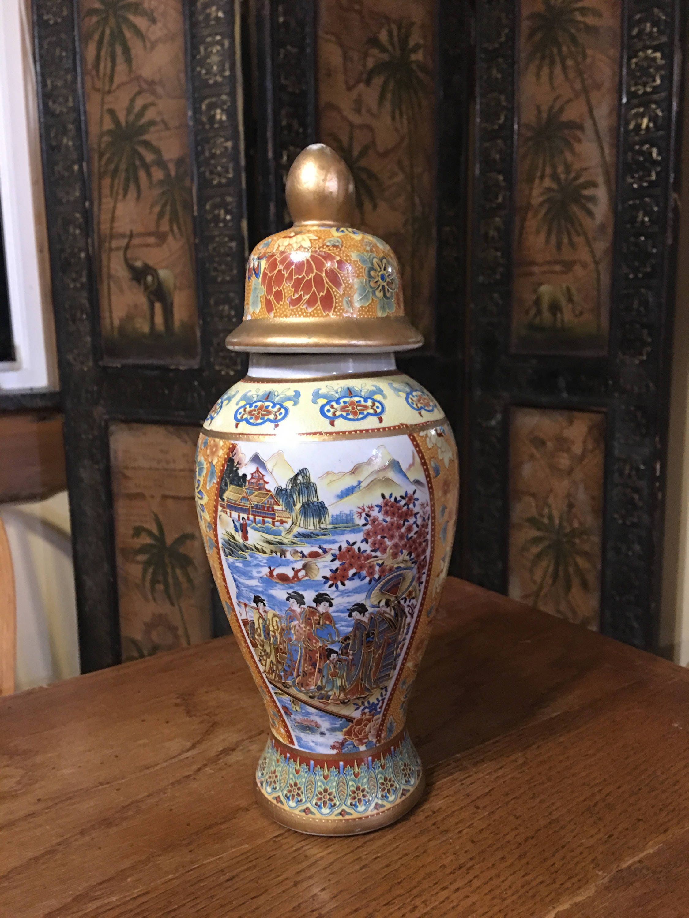 Satsuma Moriage Temple Jar with Geisha Made in China Etsy
