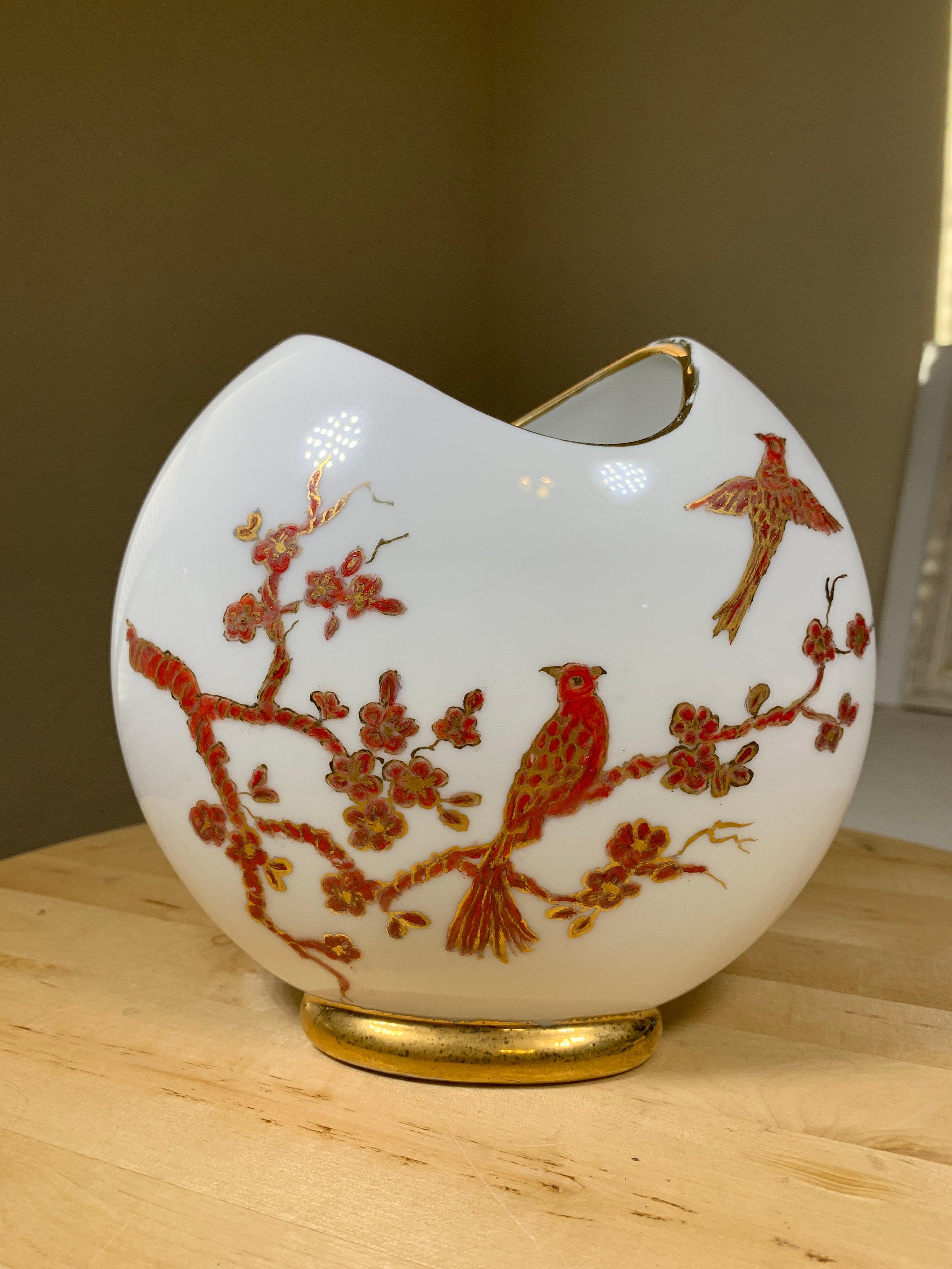 Porcelain Flat Round Pillow Vase With Birds Blooms and Gold Etsy