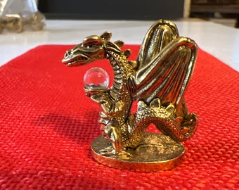 Very Small Gilded Pewter Dragon With Crystal Ball 1987 1-3/8”T x 1-1/4”W x 1/2”D Spoontiques Pewter USA CM638