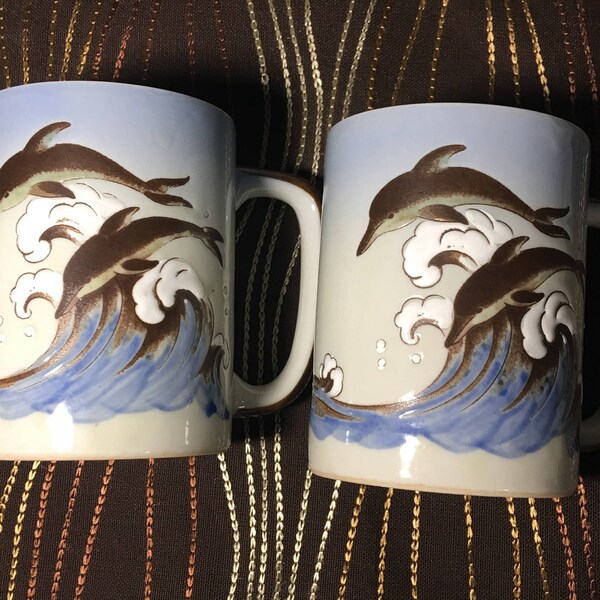 Two Otagiri Coffee Mugs Dolphins Ocean Waves Blue/Brown