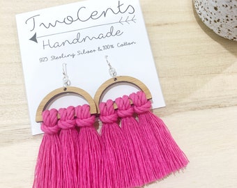 Macramè Earrings | Bamboo & Hot Pink Cotton Fringe Earrings | Tassel Earrings | Sterling Silver |